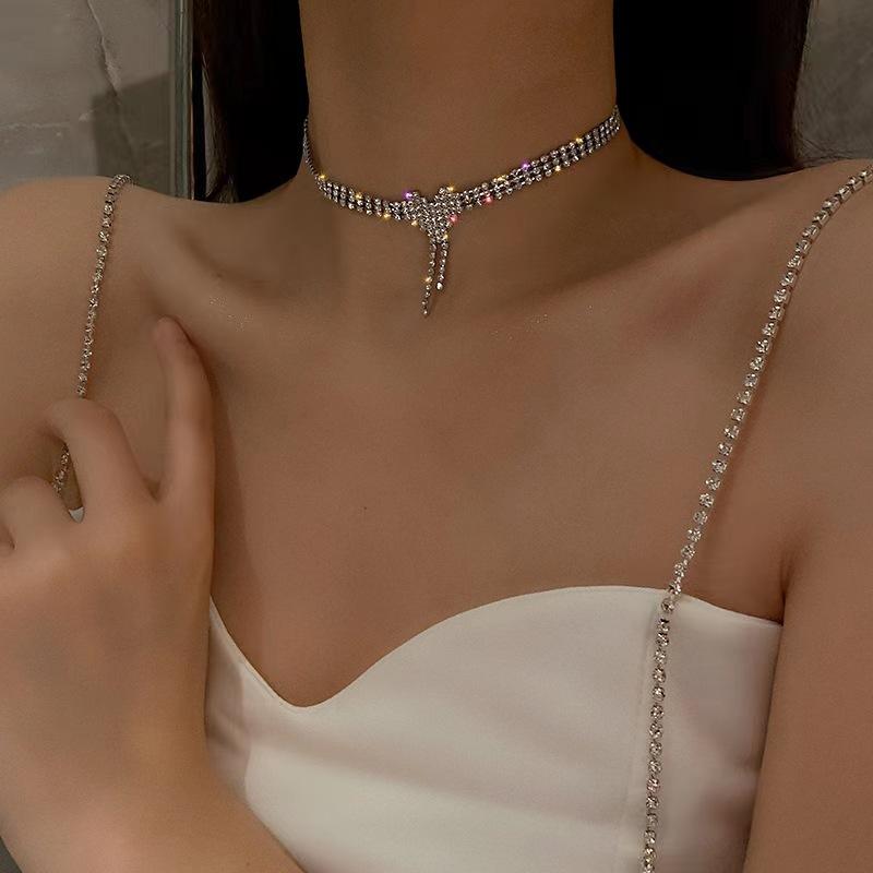 Pearl White - ネックレス レディース チョーカー 首飾り ハート タッセル フリンジ ラインストーン ジルコニア 欧米宮廷 ヴィンテージ風 上品 エレガント 高級感 銅 電気メッキ加工 シルバー 普段使い 通勤 パーティー