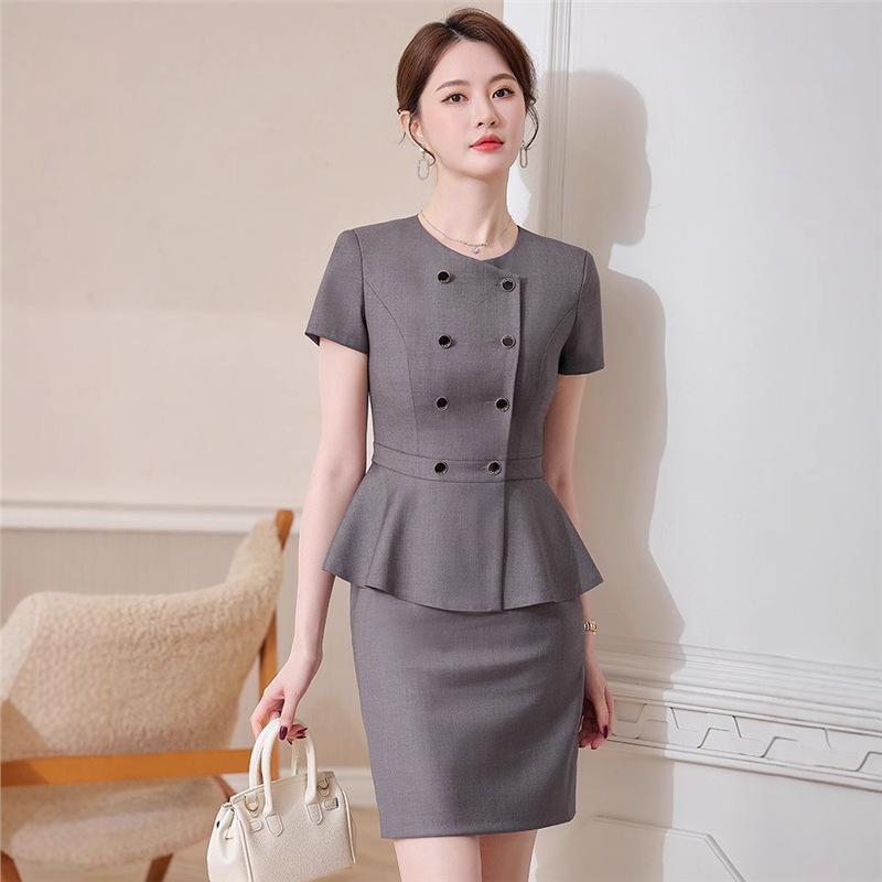 セットアップ レディース 半袖 スーツ 春夏 ビジネス 通勤 接客 制服 美容院 ホテル ジュエリーショップ パンツ スカート 薄手 軽量 ボタン スリム 涼しい 高級感 ポリエステル 黒 グレー ブルー