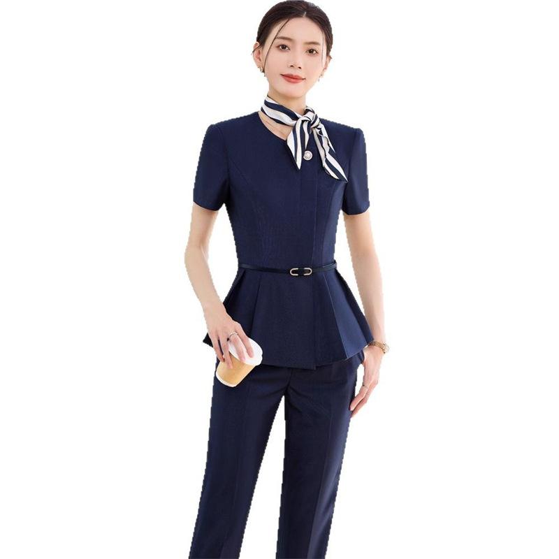 乐天商城 - スーツ レディース セットアップ 春夏 半袖 テーラードジャケット スカート パンツ オフィス 通勤 事務服 受付 接客 ボタン ストレッチ スリム 高級感 ネイビー スカイブルー ブルーグレー