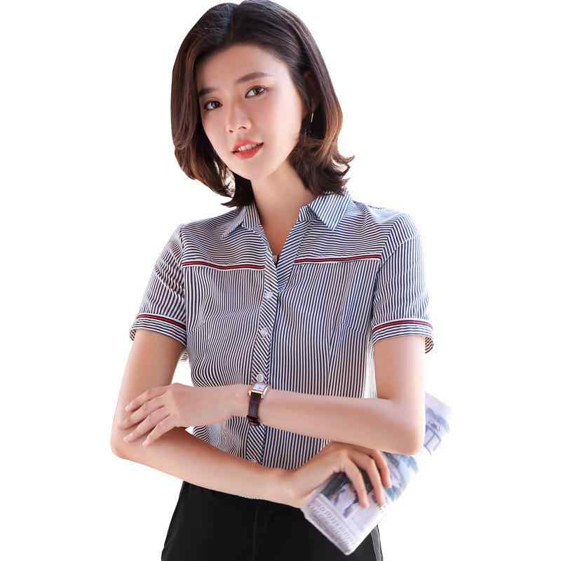 Other - シャツ ブラウス レディース 春夏 セットアップ 上下セット 半袖 ストライプ 事務服 制服 オフィス ビジネス 通勤 接客 受付 細身 スリム タイト 襟 スクエアカラー ボタン ポリエステル コットン 綿 素材 ブラック