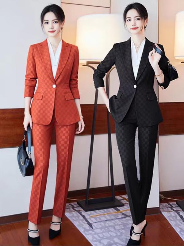 Rakuten - スーツ レディース セットアップ テーラードジャケット ロングパンツ 春秋 キャラメル レッド ブラック チェック柄 ポリエステル 40代 通勤 オフィス フォーマル 長袖 高級感 きれいめ センタープレス 伸縮性 2点