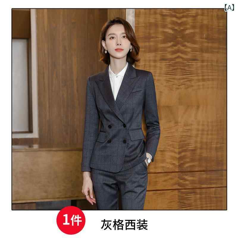 セットアップ レディース 秋冬 パンツスーツ ジャケット テーラード 通勤 仕事用 事務服 チェック柄 40代 襟 ボタン ポケット ポリエステル レーヨン グレー ブルー ブラック きれいめ フォーマル frontop-13378221 フロントップ楽天市場店 サンプル画像2