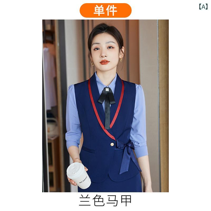 セットアップ レディース 美容師 エステ 受付 制服 ホテル サロン ベスト ジレ パンツ スカート ビジネス 通勤 接客 高級感 エレガント ストレッチ 膝丈 ポリエステル ブルー ブラック レッド 春夏 大きいサイズ frontop-13369015 フロントップ楽天市場店 サンプル画像2