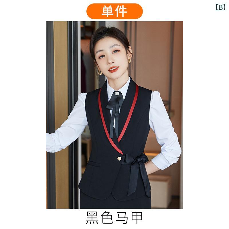 セットアップ レディース 美容師 エステ 受付 制服 ホテル サロン ベスト ジレ パンツ スカート ビジネス 通勤 接客 高級感 エレガント ストレッチ 膝丈 ポリエステル ブルー ブラック レッド 春夏 大きいサイズ frontop-13369015 フロントップ楽天市場店 サンプル画像3