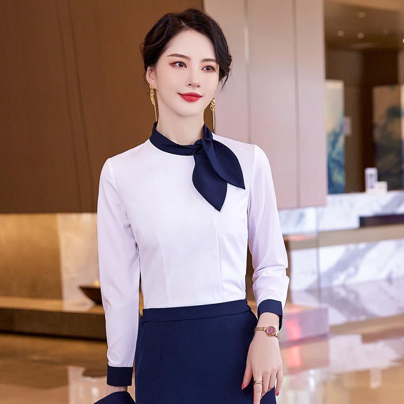 シャツ セットアップ レディース ブラウス 制服 事務服 ユニフォーム 接客 事務 オフィス 長袖 半袖 ボウタイ スカーフタイ リボン ボタン スリム 美シルエット ポリエステル 無地 白 黒 青 オールシーズン