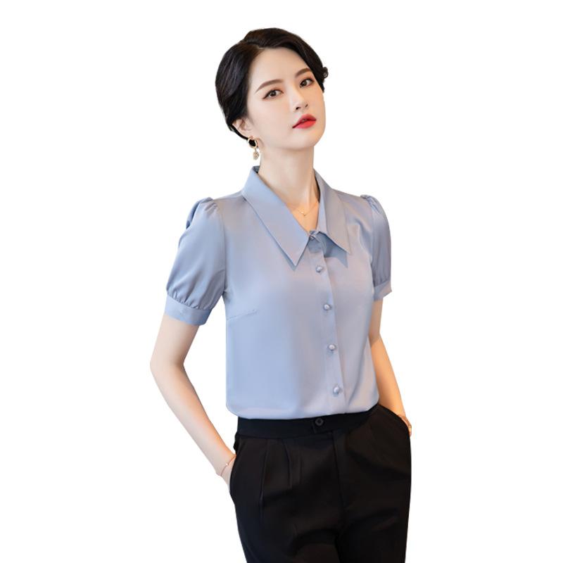 Rakuten - シャツ レディース 半袖 ブラウス 事務服 スクエアネック スリム シフォン トップス ビジネス オフィスカジュアル 通勤 フォーマル 無地 春夏 ネイビー ライトブルー ホワイト ボタン 高級感 上品 清楚 40代