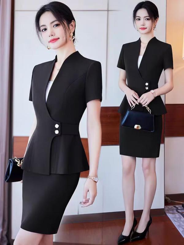セットアップ レディース スーツ 受付 事務服 接客 半袖 春夏 ジャケット ミニスカート タイトスカート オフィス ビジネス 通勤 上品 エレガント 高級感 ポリエステル ブラック ホワイト ブルー