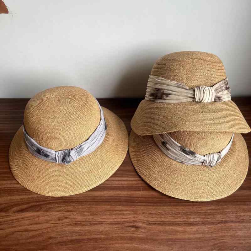 麦わら帽子 レディース ストローハット バケットハット ぼうし つば広 日よけ UVカット 日焼け防止 遮光 通気性 軽量 ペーパー素材 リボン ハート 水墨柄 フレンチ モダン 海 ビーチ 旅行 春夏 灰 黄 浅黄