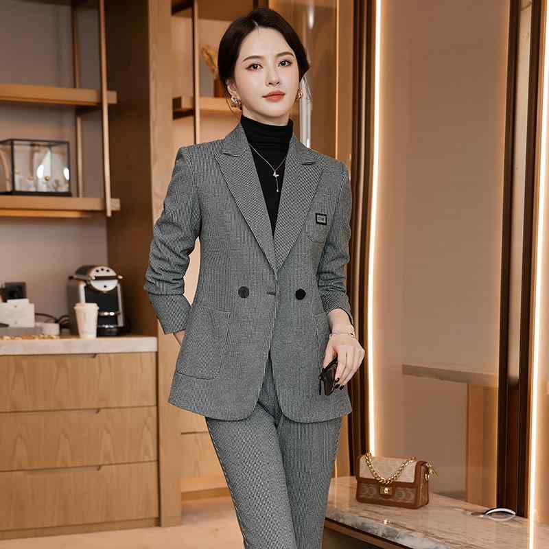 Skirt Suits - スーツ セットアップ レディース 春秋 通勤 事務服 フォーマル ビジネス オフィス テーラードジャケット ロングパンツ 上下セット 格子柄 チェック柄 スリム 着痩せ 高級感 上品 ポリエステル 長袖 グレー カーキ