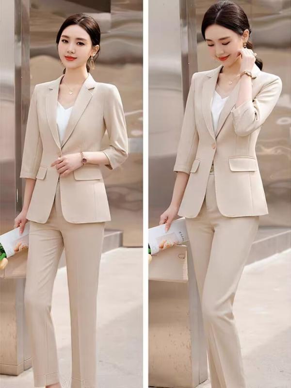 スーツ レディース セットアップ ビジネス 面接 オフィス 春夏 七分袖 テーラードジャケット 九分丈 クロップドパンツ 事務服 仕事着 高級感 きれいめ フェミニン ピンク ライトブルー アプリコット 30代