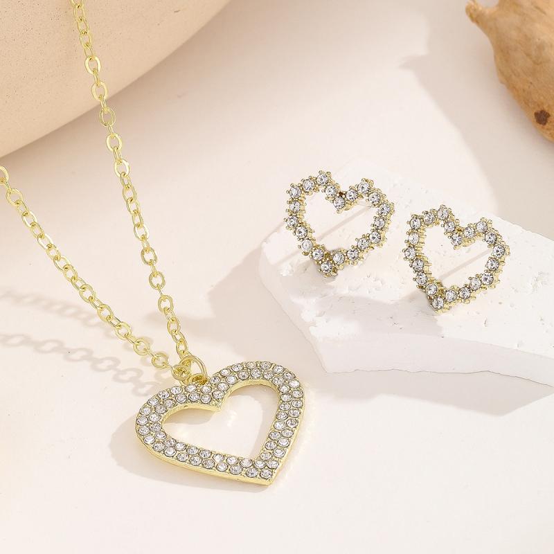 Jewelry Set for Women: Necklace and Earrings, Heart Design, Open Heart, Zirconia, Openwork, High-Quality, Korean Style, Simple, Elegant, Delicate, Electroplated, Zinc Alloy, Spring/Summer, Commuting, Everyday Wear, Wedding, Adult, Cute