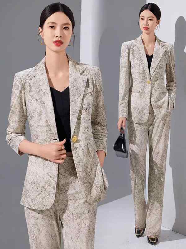Skirt Suits - セットアップ レディース 秋冬 ベロア ジャガード 高級感 ヴィンテージ風 テーラードジャケット ロングパンツ スーツ ビジネス オフィス 通勤 エレガント 上品 長袖 カジュアル アプリコット ブラック