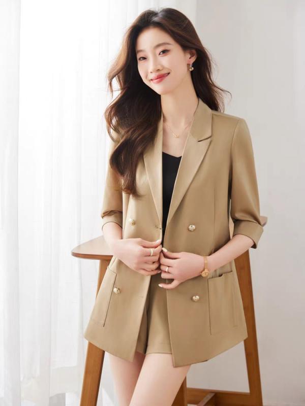 セットアップ レディース 夏 七分袖 ジャケット ショートパンツ 薄手 ゆったり カジュアル エレガント 高級感 上下セット ポリエステル 通勤 オフィス 普段使い 羽織り 膝上 無地 シンプル 涼しい カーキ グリーン