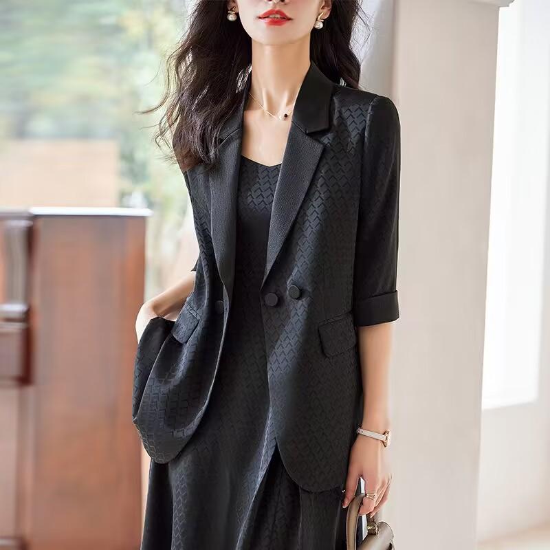セットアップ レディース テーラードジャケット ワンピース 2点セット 春夏 七分袖 膝丈 事務服 通勤 オフィス ビジネス きれいめ カジュアル エレガント 高級感 スリム 薄手 ボタン ポケット ポリエステル ポリウレタン 黒 白 グリーン 大きいサ