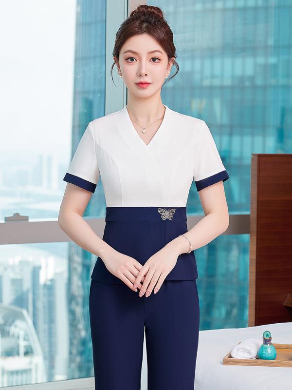 セットアップ レディース エステユニフォーム セラピスト 制服 ワークウェア マッサージ 整体 スパ パンツ スカート ポリエステル ポリウレタン 伸縮性 通気性 高級感 スリム 細見え エレガント ブルー グリーン ピンク 春夏