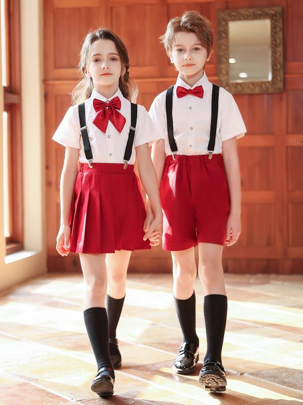 フォーマルスーツ 男の子 女の子 子供用 キッズ ジュニア 児童 小学生 発表会 合唱 演奏会 演出服 サスペンダー 綿 コットン ワインレッド オールシーズン 学院風 七五三 卒業式 入園 冠婚葬祭 かわいい