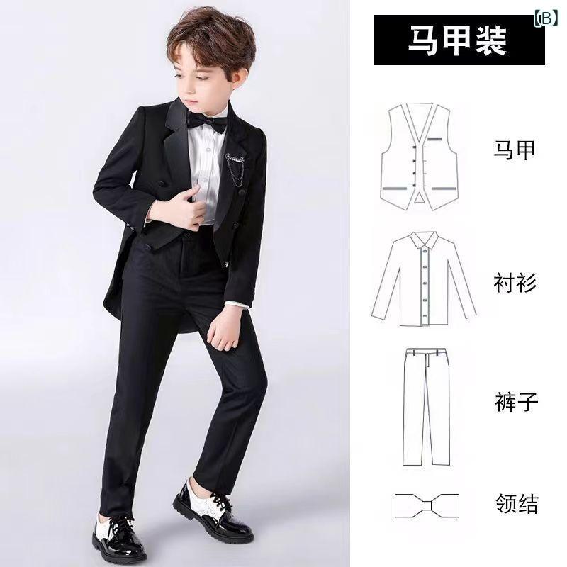 フロントップ楽天市場店のスーツ 男の子 キッズ セットアップ 燕尾服 フォーマル 礼服 ピアノ 発表会 結婚式 冠婚葬祭 英国風 ジャケット パンツ シャツ ベスト 高級感 柔らかい ポリエステル オールシーズン 紳士服 ボタン 120-170cm｜アングル3