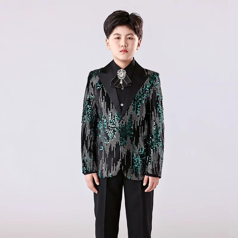 スーツ セットアップ 男の子 キッズ フォーマル 礼服 ブリティッシュスタイル イギリス風 グラデーション スパンコール キラキラ 高級感 かっこいい おしゃれ 結婚式 発表会 卒園式 3点セット オールシーズン ポリエステル 上下セット ジャケット ズ