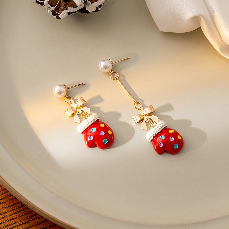 Cubic Zirconia - ピアス レディース クリスマス 手袋 パール アシンメトリー 左右非対称 リボン 揺れる シルバー 電気メッキ加工 合金 韓国 かわいい アクセサリー 耳飾り ジュエリー 贈り物 プレゼント 普段使い パーティー 秋冬