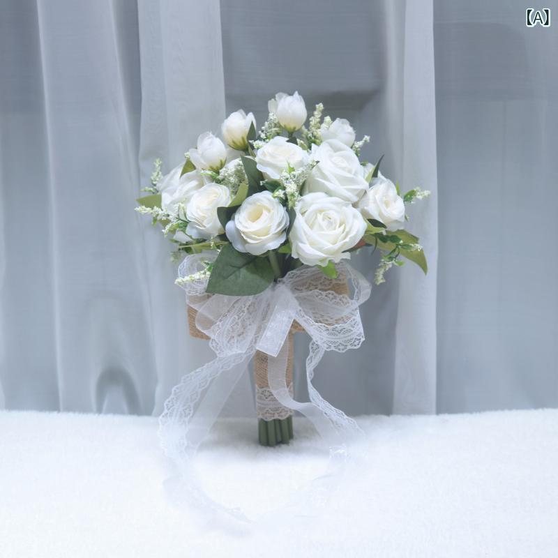 フロントップ楽天市場店のブーケ レディース 造花 花束 ウェディング 結婚式 披露宴 前撮り フラワー レース リボン 西洋風 新婦 介添人 挙式 ホワイト シャンパン ワインレッド 屋外撮影 装飾 華やか エレガント 二次会 写真映え｜アングル2