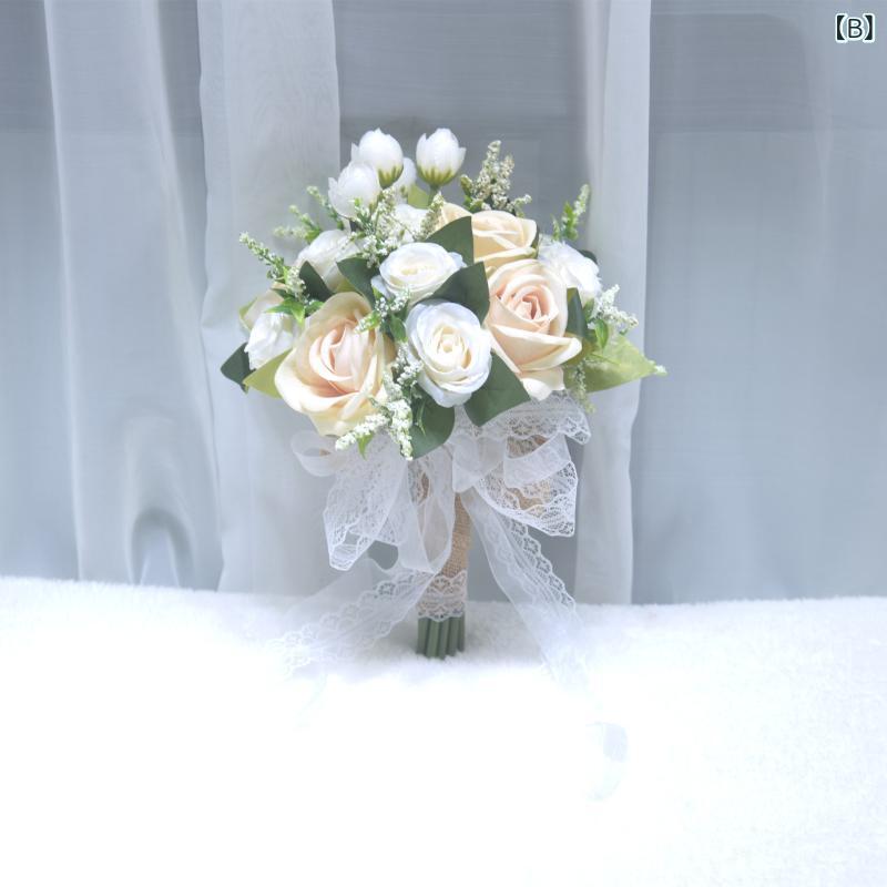 フロントップ楽天市場店のブーケ レディース 造花 花束 ウェディング 結婚式 披露宴 前撮り フラワー レース リボン 西洋風 新婦 介添人 挙式 ホワイト シャンパン ワインレッド 屋外撮影 装飾 華やか エレガント 二次会 写真映え｜アングル3