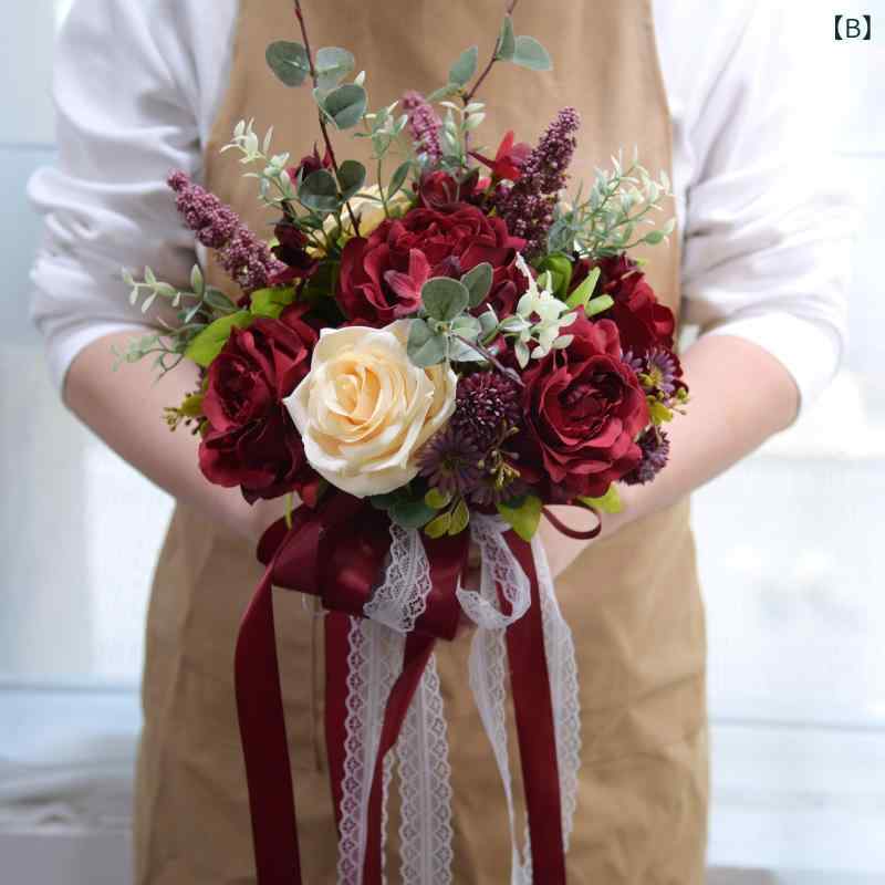 フロントップ楽天市場店のブーケ レディース 結婚式 前撮り 披露宴 花束 造花 ローズ バラ フラワー アーティフィシャルフラワー 韓国 ヴィンテージ風 高級感 かわいい 撮影道具 ウェディング小物 赤 ピンク 青｜アングル3