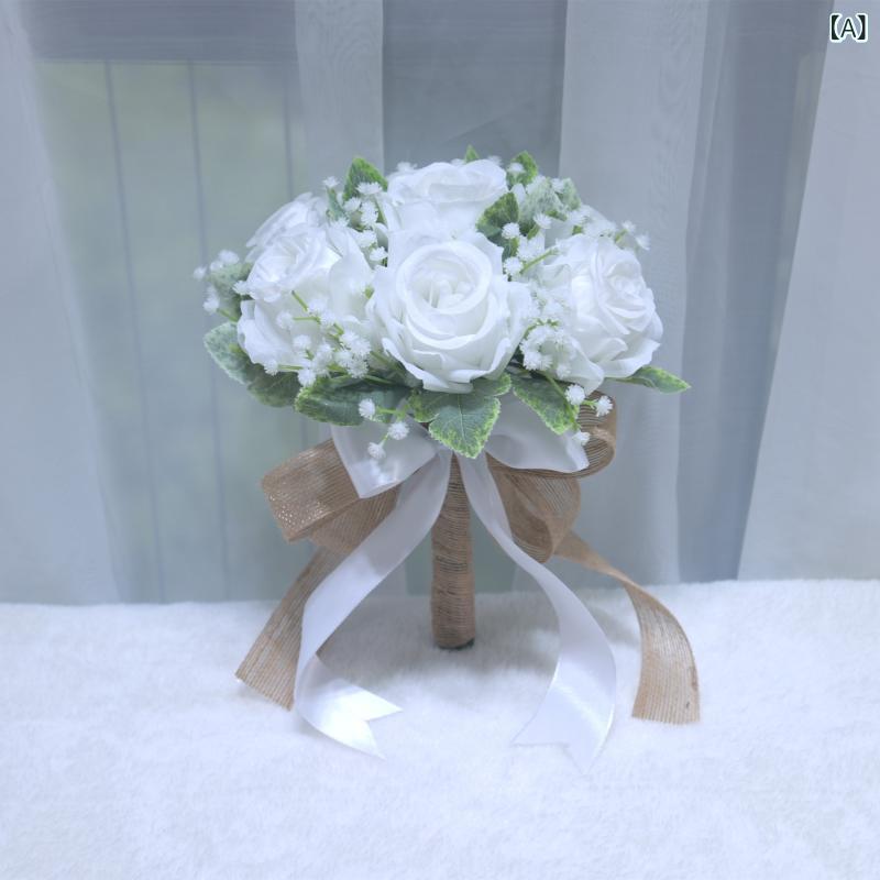フロントップ楽天市場店のウエディングブーケ レディース 花束 造花 バラ ローズ 薔薇 森ガール風 ナチュラル ボタニカル 結婚式 プロポーズ 前撮り フォトウェディング 花 アーティフィシャルフラワー フラワー クラッチブーケ インテリア 飾り ホワイト ア｜アングル2