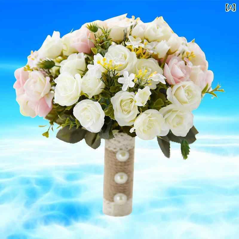 ブーケ レディース ウェディング 結婚式 披露宴 挙式 製 造花 アーティフィシャルフラワー ローズ 薔薇 バラ 高級感 フェイク アイボリー ピンク シャンパン 撮影小物 華やか かわいい 上品 インテリア 2