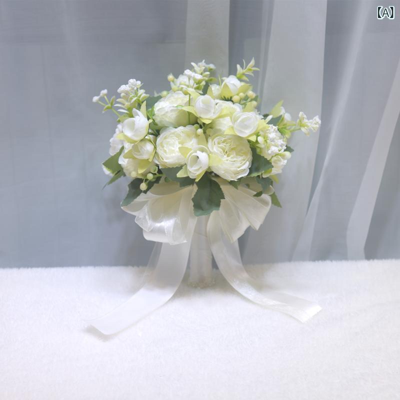 ブーケ レディース 花嫁 ブライズメイド 結婚式 披露宴 前撮り フラワー 春夏 ナチュラル ボタニカル アイボリー オフホワイト 高級感 華やか ウェディング小物 フォーマル エレガント 装飾 2
