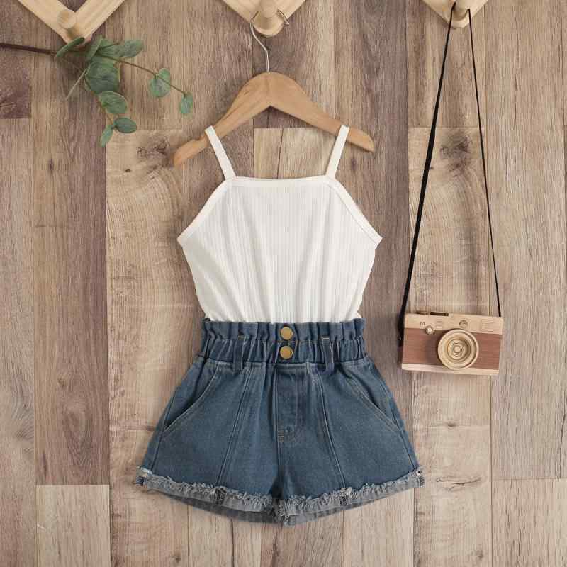 ロンパース 女の子 キッズ 子供服 つなぎ オールインワン サロペット 綿 コットン デニム ノースリーブ リブニット ウォッシュ加工 フリンジ 切りっぱなし ショートパンツ 短パン カジュアル 春夏 かわいい ホワイト ピンク 欧米風