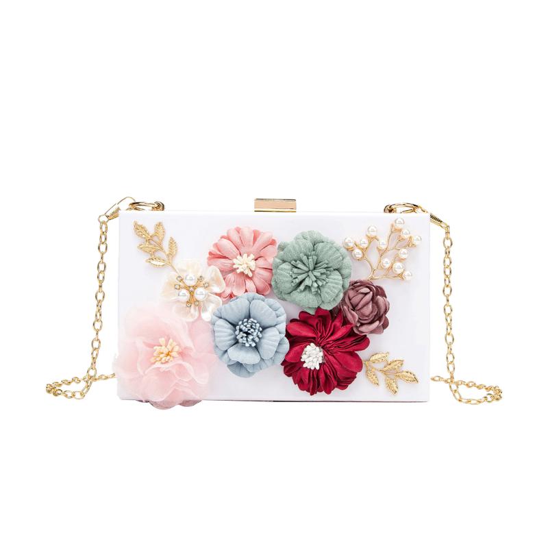 Party Bags - クラッチバッグ レディース 鞄 立体 フラワー チェーン 斜めがけ ショルダー スクエア ボックス型 小さめ ミニ 結婚式 披露宴 二次会 ホワイト ピンク 透明 春夏 高級感 かわいい フェミニン アクリル 華やか