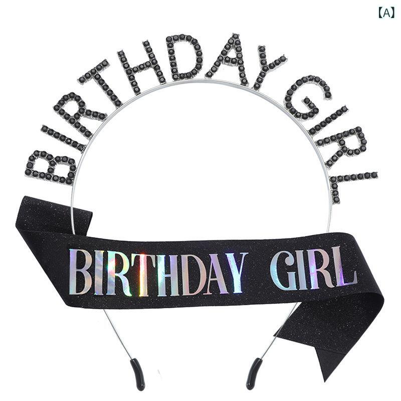 ヘアアクセサリー 女の子 カチューシャ サッシュ セット 誕生日 バースデー パーティー イベント ヘッドドレス 髪飾り おしゃれ かわいい メタル 金属 高級感 キラキラ ブラック パープル シャンパン 主役 フリーサイズ