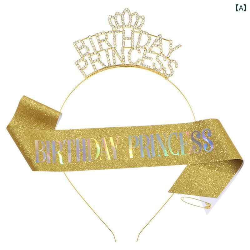 カチューシャ 女の子 バースデー ティアラ 王冠 ヘアアクセサリー サッシュ たすき 誕生日 パーティー イベント キラキラ グリッター プリンセス かわいい ゴールド シルバー ピンク メタル サテン