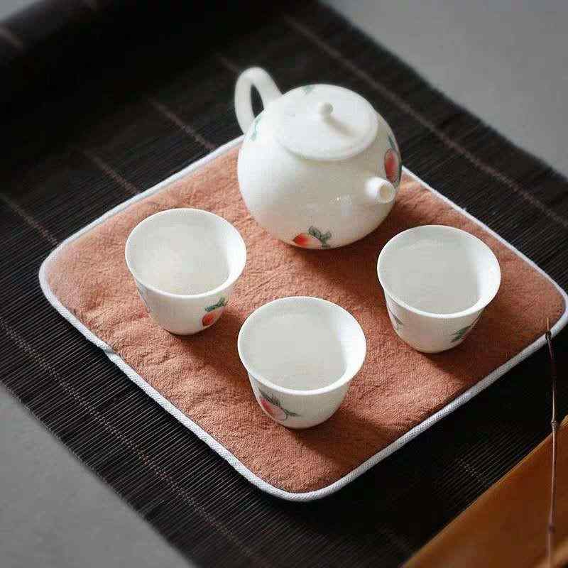 茶巾 茶道具 ティータオル 綿麻 コットンリネン 吸水 厚手 手描き 禅 和風 ティーマット ポットマット コースター オフィス用 家庭用 来客用 功夫茶 ティータイム オレンジ 灰緑 浅青 高級感 布製 卓上 耐熱