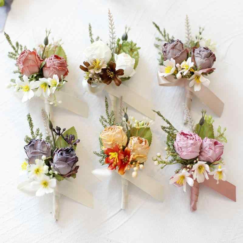 コサージュ メンズ レディース ブートニア リストブーケ 薔薇 バラ 造花 欧州スタイル アンティーク調 ヴィンテージ風 結婚式 披露宴 二次会 ウェディング ブライダル ナチュラル 参列者 オレンジ ベージュ ブラウン