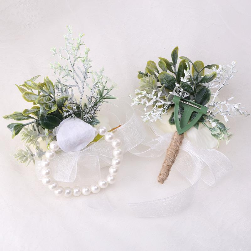 コサージュ レディース リストブーケ セット ブローチ ウェディング 結婚式 パーティー 薔薇 バラ 造花 アーティフィシャルフラワー サテン リボン ハンドメイド 花嫁 ブライズメイド ベージュ 上品 高級感 華やか