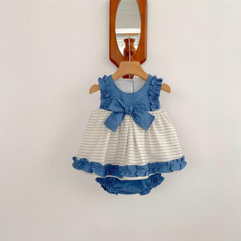 Rakuten - セットアップ 女の子 ベビー 綿 コットン 春夏 ブルー ノースリーブ ショートパンツ フリル ドット柄 水玉 リボン 部屋着 普段使い お出かけ 清潔感 かわいい おしゃれ 涼しい 通気性 薄手