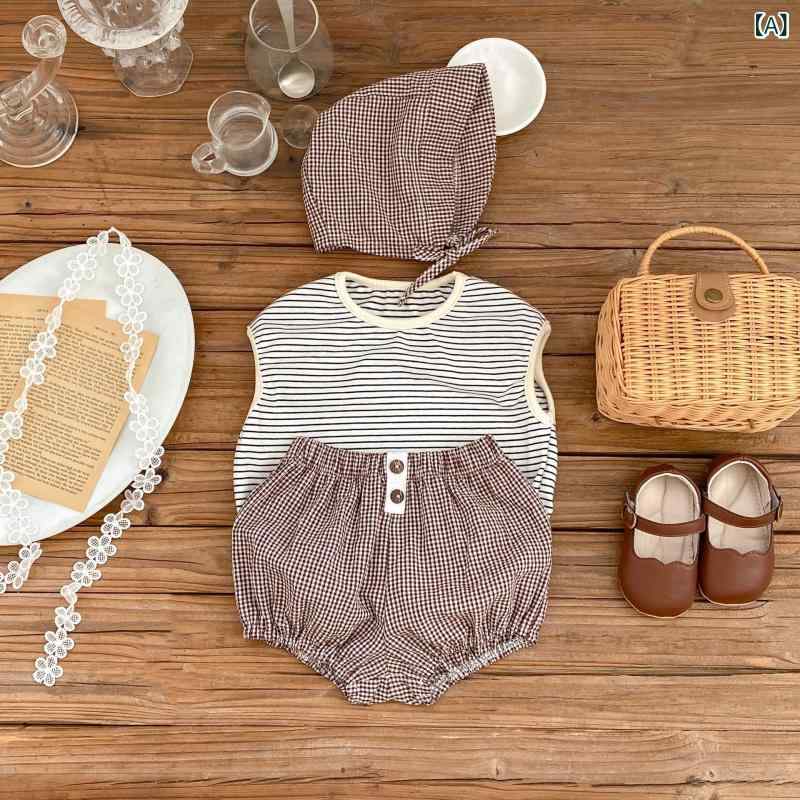 ・カテゴリ: 子供服セット・性別: 男女兼用・スタイル: カジュアル・セットタイプ: パンツセット・セット内容数: 3点セット・セット内容: 衣類・対象年齢: 新生児（0〜1歳、80cm以下）・袖丈: ノースリーブ・パンツ丈: ショートパンツ・生地の厚さ: 薄手・柄: ストライプ・素材: 綿・主素材含有率: 95%・裏地含有率: ・基準: ・着脱方式: プルオーバー・カラー展開: ブラック×ホワイト、オレンジ・サイズ展開: 66cm、73cm、80cm、90cm、100cm