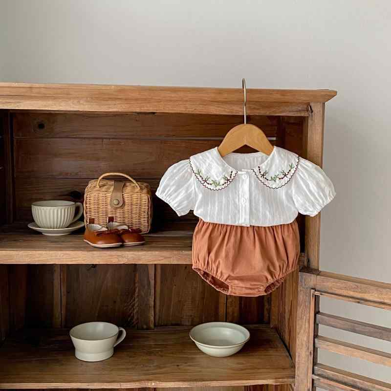 樂天商城 - セットアップ 女の子 ベビー キッズ 幼児 春夏 半袖 トップス ブルマパンツ 刺繍 襟 フラワー 花柄 綿 コットン かわいい おしゃれ アイボリー オフホワイト 通園 お出かけ ボタン 前開き