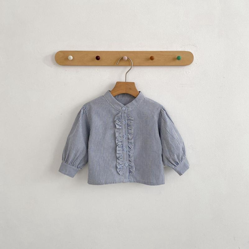・カテゴリ: 子供用シャツ・性別: 女の子・対象年齢: 1〜3歳（身長80〜100cm）・スタイル: シンプル・ネックライン: クルーネック・加工: 柔軟加工・袖丈: 長袖・要素: 田園風、可愛い、カーディガン、トレンド・素材: 綿・裏地: 綿・カラー: ブルー（ストライプ）・サイズ展開: 73cm, 80cm, 90cm, 100cm, 110cm