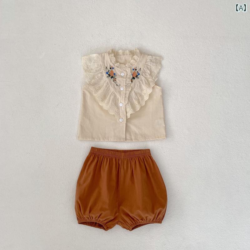 フロントップ楽天市場店のセットアップ 女の子 ベビー キッズ 子供服 夏 ノースリーブ トップス ショートパンツ 無地 刺繍 レース フリル 花柄 綿 コットン 涼しい 薄手 カジュアル かわいい おしゃれ 普段使い お出かけ 部屋着 前開き ボタン アプリコット｜アングル2