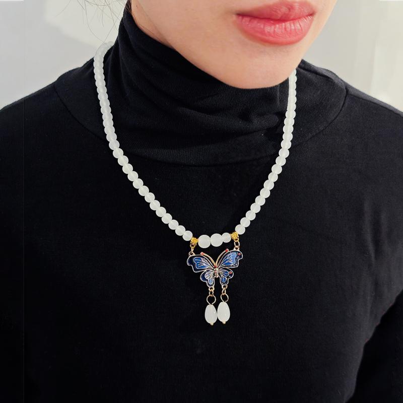 Necklaces, Braclets - ネックレス レディース ロング 蝶 バタフライ ビーズ ヴィンテージ風 中華風 モダン 高級感 エレガント 上品 ブルー グリーン 冬 電気メッキ加工 普段使い お呼ばれ 華やか おしゃれ 揺れる セーターチェーン