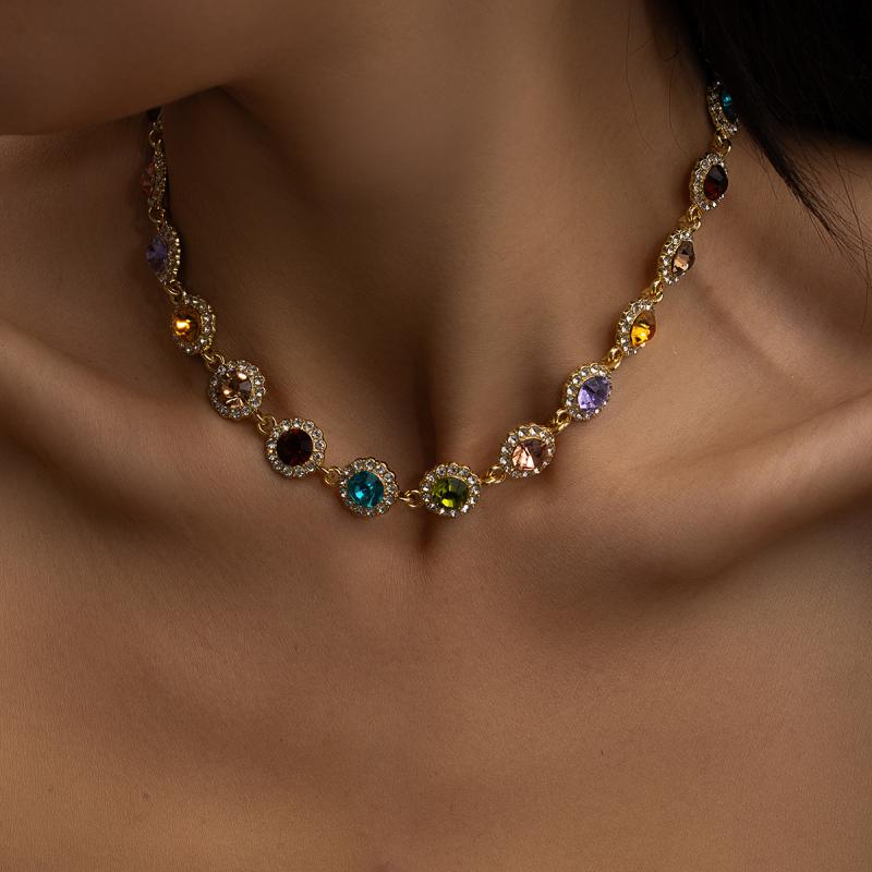 Necklaces, Braclets - ネックレス レディース ヴィンテージ風 高級感 上品 カラフル マルチカラー ジルコニア ラインストーン しずく型 ドロップ サークル ラウンド 個性的 キラキラ 輝き エレガント 清楚 通勤 オフィス 普段使い 合金 電気メッキ加工 春 ア
