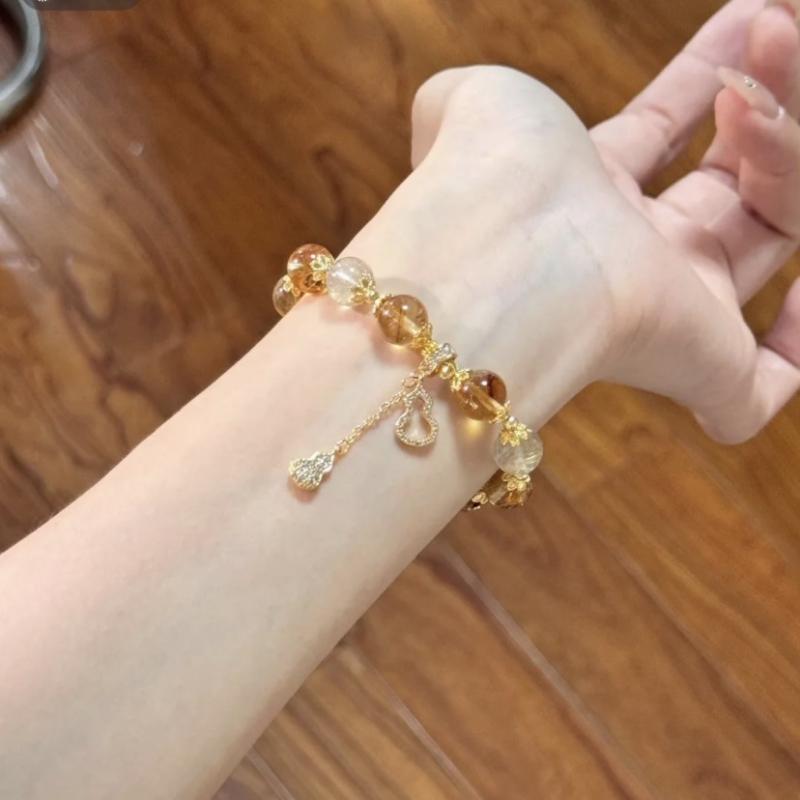 Akoya Pearl - ブレスレット レディース 天然石 黄水晶 シトリン イエローファントムクォーツ 腕輪 数珠 幾何学 ひょうたん 透かし彫り ハンドメイド アクセサリー ラッキー ラッキーアイテム 高級感 かわいい 普段使い お出かけ 結婚式 春夏 ゴールド系