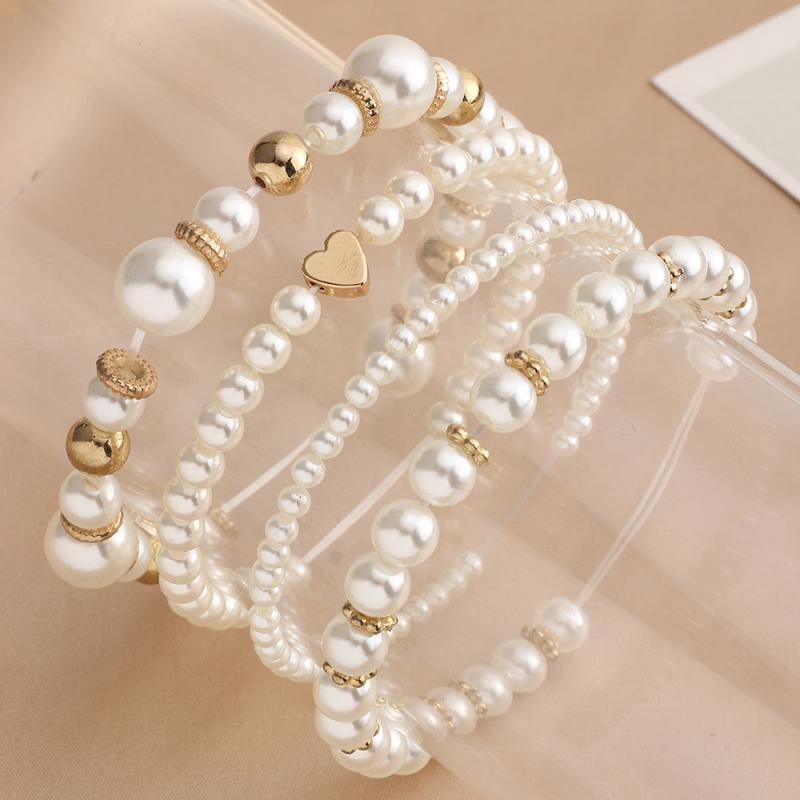 Jade - ブレスレット レディース 女性用 腕輪 バングル 手元 アクセサリー フェイクパール パール ハート 4点セット 上品 エレガント おしゃれ かわいい 華やか 小物 通勤 普段使い お呼ばれ 春夏 電気メッキ加工 ホワイト