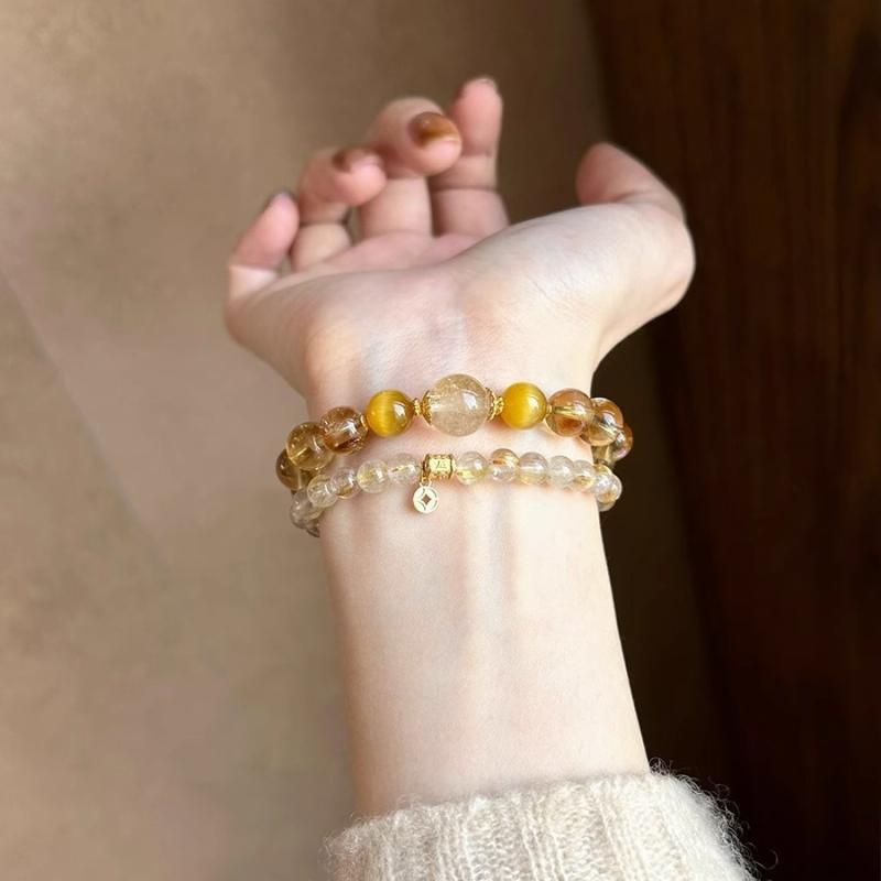 Cubic Zirconia - ブレスレット レディース 数珠 腕輪 天然石 水晶 ゴールドルチルクォーツ シトリン ラッキーアイテム 開運 お守り け モダン チャイナ風 上品 高級感 ハンドメイド 春夏 誕生日 結婚式 記念日 イエロー クリア