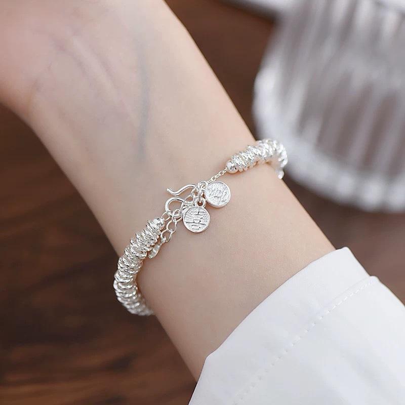 Pearl White - ブレスレット メンズ レディース バングル シルバー 電気メッキ加工 ハンドメイド 招き猫 ラッキーアイテム 砕きシルバー エスニック カジュアル 普段使い アクセサリー ジュエリー 春夏 高級感 おしゃれ かわいい