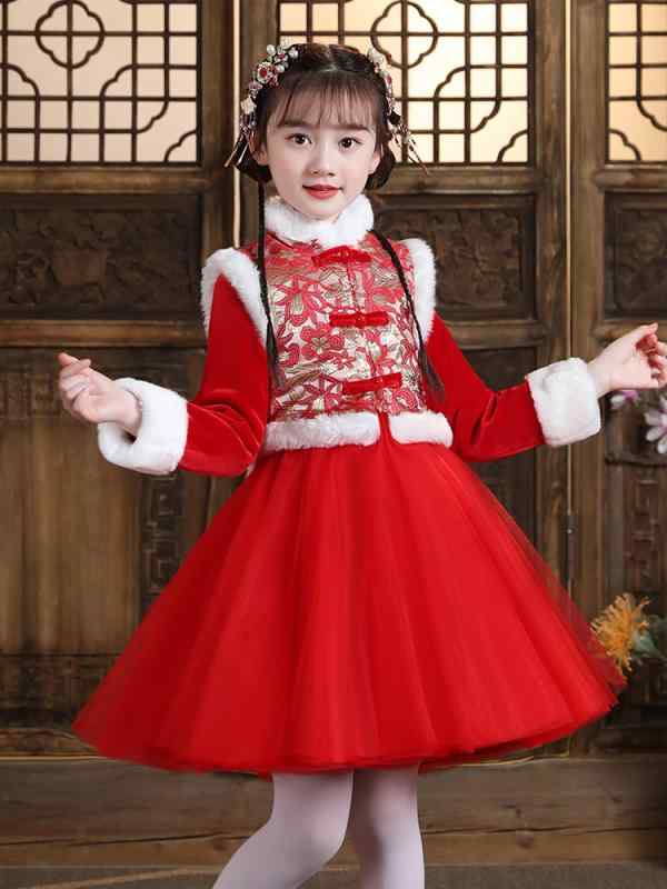 チャイナドレス キッズ 女の子 秋冬 裏起毛 厚手 セットアップ 漢服 唐装 新年 七五三 結婚式 子供服 伝統 衣装 中国風 レトロ かわいい ピンク レッド 柔らかい ポリエステル素材 暖かい 防寒 民族衣装 幼児 女の子