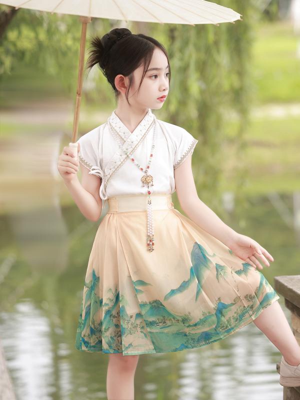 唐装 女の子 キッズ 漢服 セットアップ 半袖 プリーツスカート チャイナスタイル レトロ ヴィンテージ風 春夏 かわいい プリンセス ポリエステル 黄 赤 緑 お出かけ 発表会 お呼ばれ 伝統衣装 ボタン