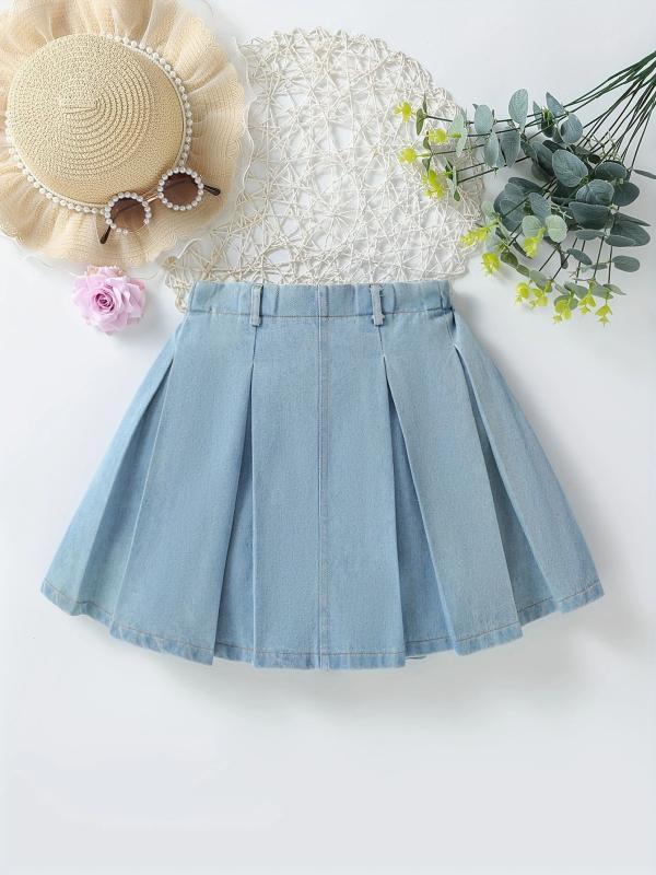 セットアップ 女の子 キッズ ジュニア 子供服 上下セット デニム ウォッシュ加工 ミニスカート ノースリーブ トップス 綿 コットン 春夏 欧米風 カジュアル プリント お出かけ 通学 普段使い ライトブルー